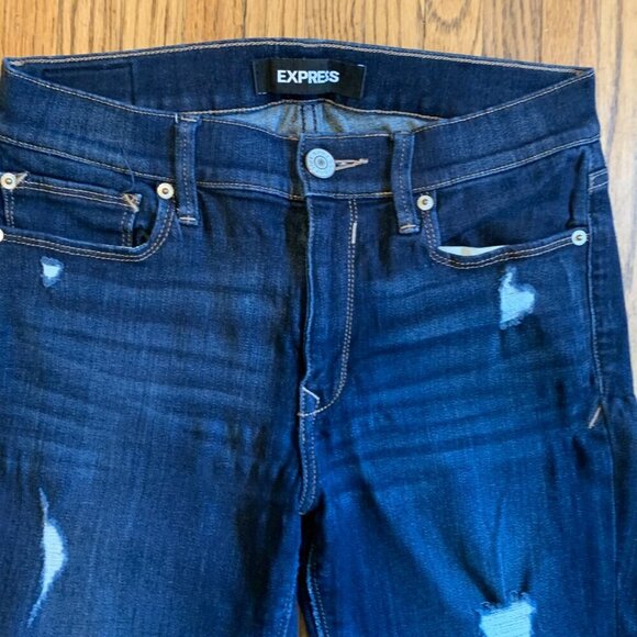 Express Dark Wash Legging Mid Rise Stretch 4s 4c Distressed Hole Blue Skinny - Picture 9 of 11